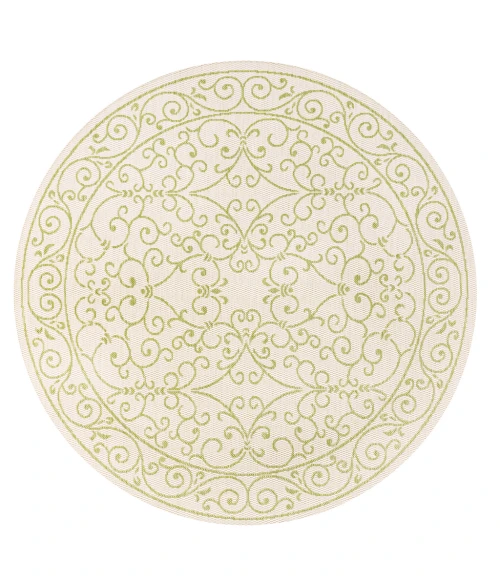 Charleston Vintage Filigree Textured Weave Cream/Green 5' Round Indoor/Outdoor Area Rug
