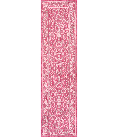 Charleston Vintage Filigree Textured Weave Fuchsia/Light Gray 2 ft. x 10 ft. Indoor/Outdoor Runner Rug