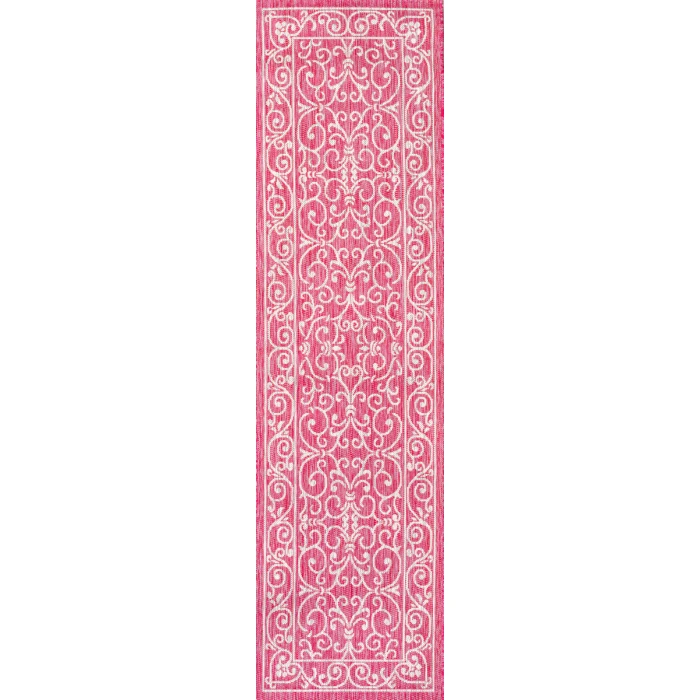 Charleston Vintage Filigree Textured Weave Fuchsia/Light Gray 2 ft. x 10 ft. Indoor/Outdoor Runner Rug