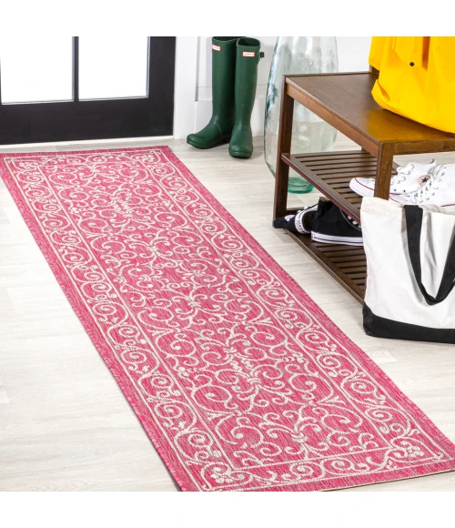 Charleston Vintage Filigree Textured Weave Fuchsia/Light Gray 2 ft. x 10 ft. Indoor/Outdoor Runner Rug