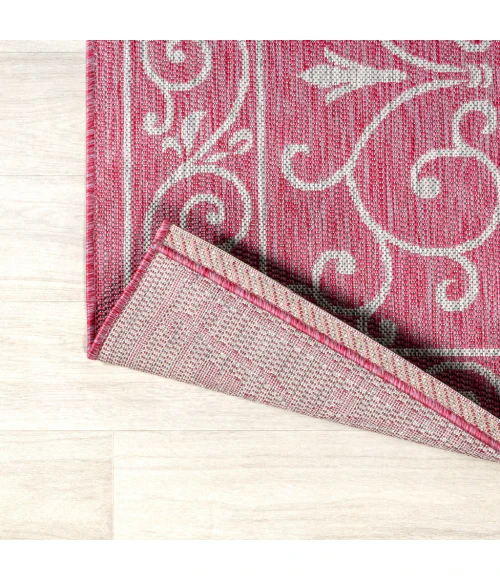 Charleston Vintage Filigree Textured Weave Fuchsia/Light Gray 5' Round Indoor/Outdoor Area Rug