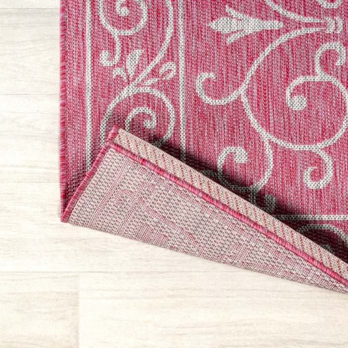 Charleston Vintage Filigree Textured Weave Fuchsia/Light Gray 2 ft. x 10 ft. Indoor/Outdoor Runner Rug