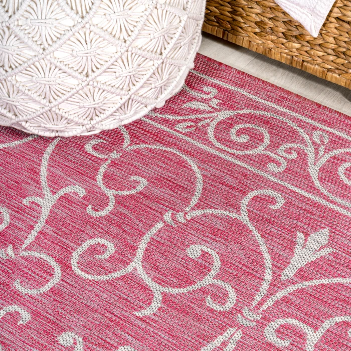 Charleston Vintage Filigree Textured Weave Fuchsia/Light Gray 2 ft. x 10 ft. Indoor/Outdoor Runner Rug