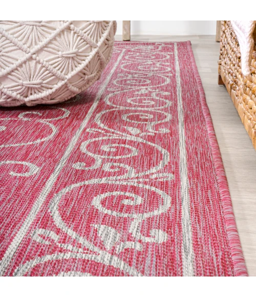 Charleston Vintage Filigree Textured Weave Fuchsia/Light Gray 5' Round Indoor/Outdoor Area Rug