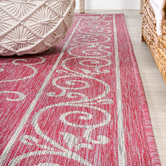 Charleston Vintage Filigree Textured Weave Fuchsia/Light Gray 2 ft. x 10 ft. Indoor/Outdoor Runner Rug