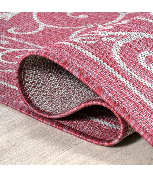 Charleston Vintage Filigree Textured Weave Fuchsia/Light Gray 5' Round Indoor/Outdoor Area Rug