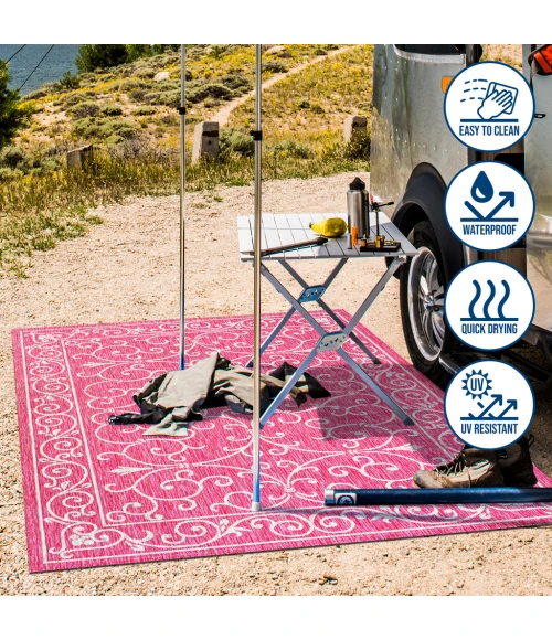 Charleston Vintage Filigree Textured Weave Fuchsia/Light Gray 5' Round Indoor/Outdoor Area Rug