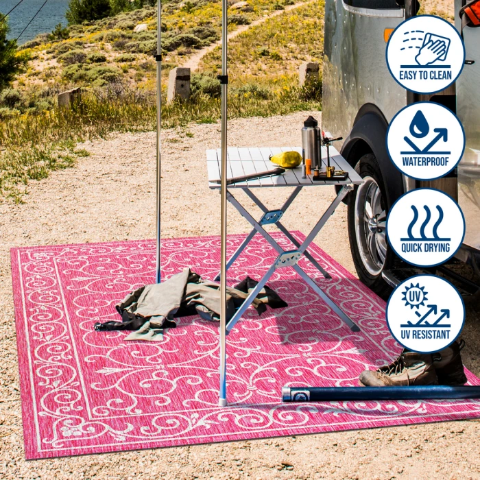 Charleston Vintage Filigree Textured Weave Fuchsia/Light Gray 2 ft. x 10 ft. Indoor/Outdoor Runner Rug