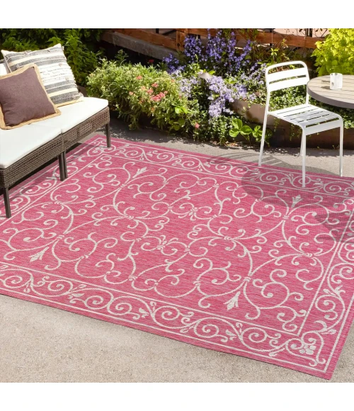 Charleston Vintage Filigree Textured Weave Fuchsia/Light Gray 8 ft. x 10 ft. Indoor/Outdoor Area Rug