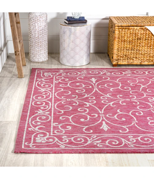 Charleston Vintage Filigree Textured Weave Fuchsia/Light Gray 8 ft. x 10 ft. Indoor/Outdoor Area Rug