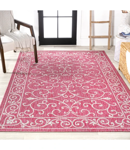 Charleston Vintage Filigree Textured Weave Fuchsia/Light Gray 8 ft. x 10 ft. Indoor/Outdoor Area Rug