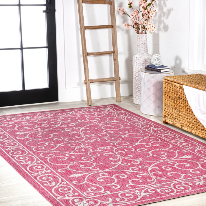 Charleston Vintage Filigree Textured Weave Fuchsia/Light Gray 4 ft. x 6 ft. Indoor/Outdoor Area Rug