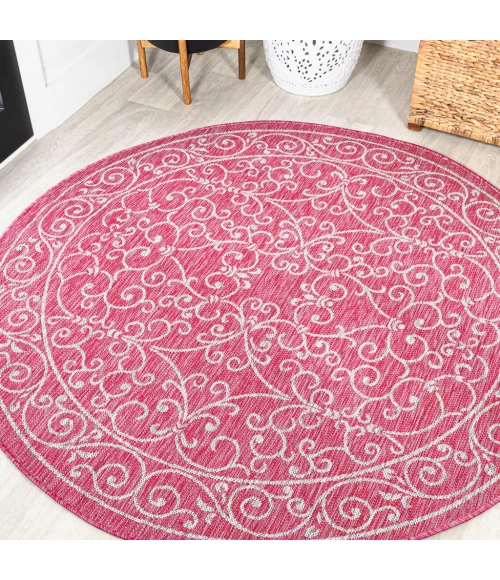 Charleston Vintage Filigree Textured Weave Fuchsia/Light Gray 5' Round Indoor/Outdoor Area Rug