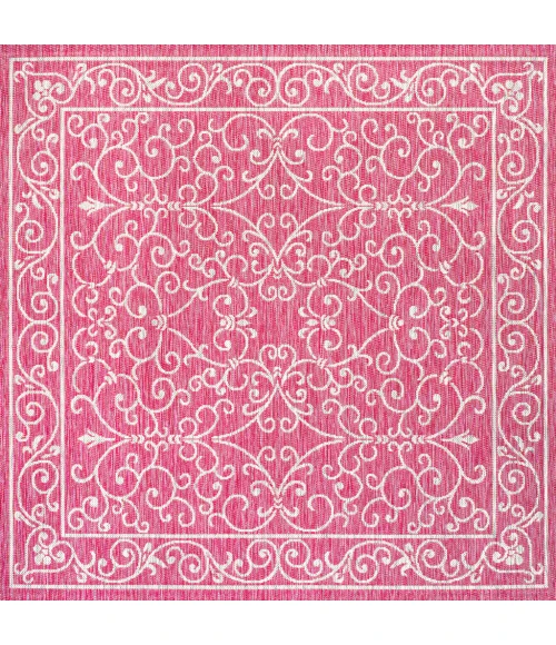 Charleston Vintage Filigree Textured Weave Fuchsia/Light Gray 5' Square Indoor/Outdoor Area Rug