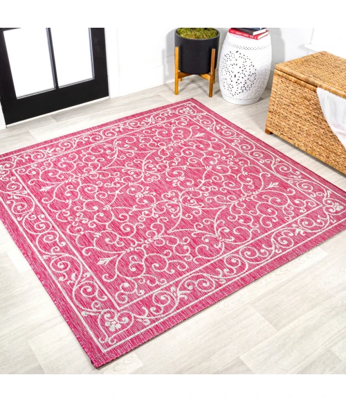 Charleston Vintage Filigree Textured Weave Fuchsia/Light Gray 5' Square Indoor/Outdoor Area Rug