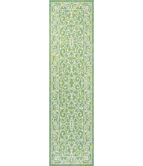 Charleston Vintage Filigree Textured Weave Green/Ivory 2 ft. x 10 ft. Indoor/Outdoor Runner Rug