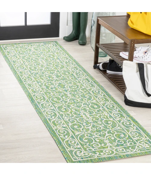 Charleston Vintage Filigree Textured Weave Green/Ivory 2 ft. x 10 ft. Indoor/Outdoor Runner Rug