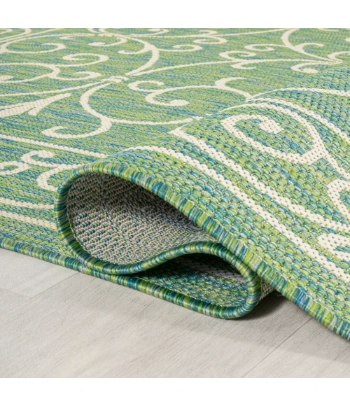 Charleston Vintage Filigree Textured Weave Green/Ivory 2 ft. x 10 ft. Indoor/Outdoor Runner Rug