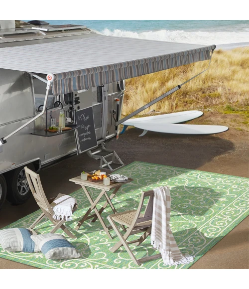 Charleston Vintage Filigree Textured Weave Green/Ivory 2 ft. x 10 ft. Indoor/Outdoor Runner Rug