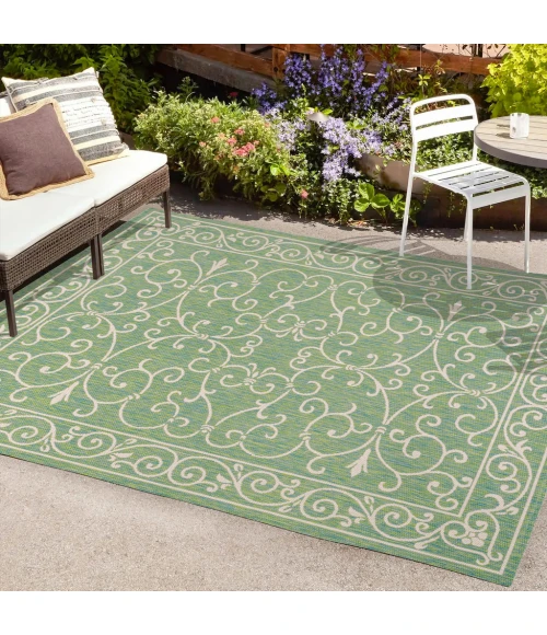 Charleston Vintage Filigree Textured Weave Green/Ivory 5 ft. x 8 ft. Indoor/Outdoor Area Rug