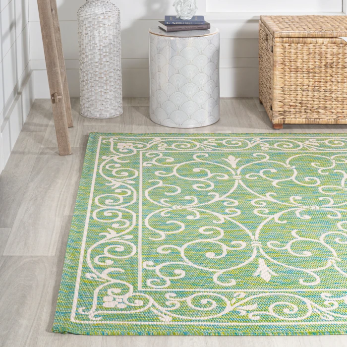 Charleston Vintage Filigree Textured Weave Green/Ivory 3 ft. x 5 ft. Indoor/Outdoor Area Rug