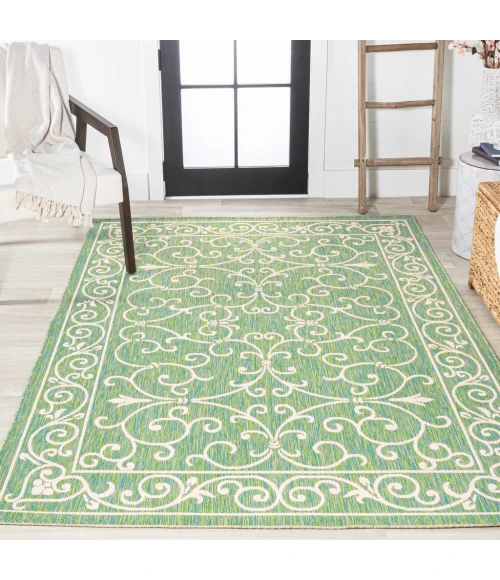 Charleston Vintage Filigree Textured Weave Green/Ivory 5 ft. x 8 ft. Indoor/Outdoor Area Rug