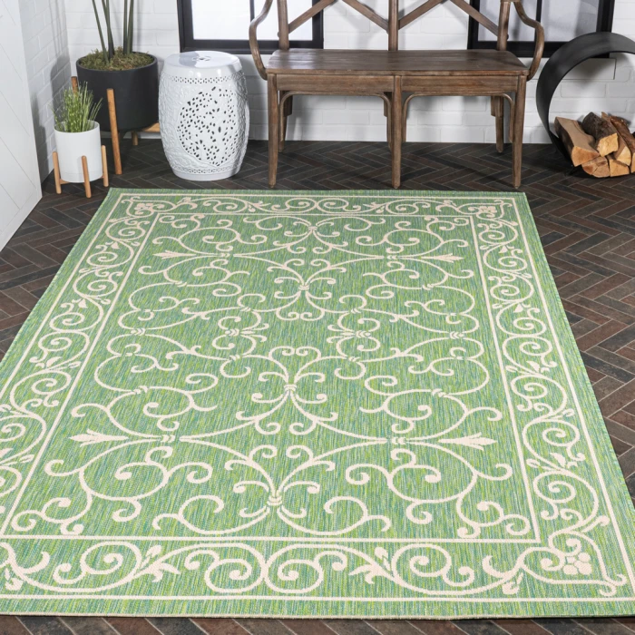 Charleston Vintage Filigree Textured Weave Green/Ivory 3 ft. x 5 ft. Indoor/Outdoor Area Rug