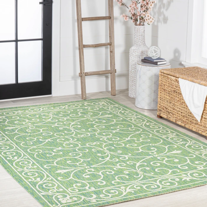 Charleston Vintage Filigree Textured Weave Green/Ivory 3 ft. x 5 ft. Indoor/Outdoor Area Rug