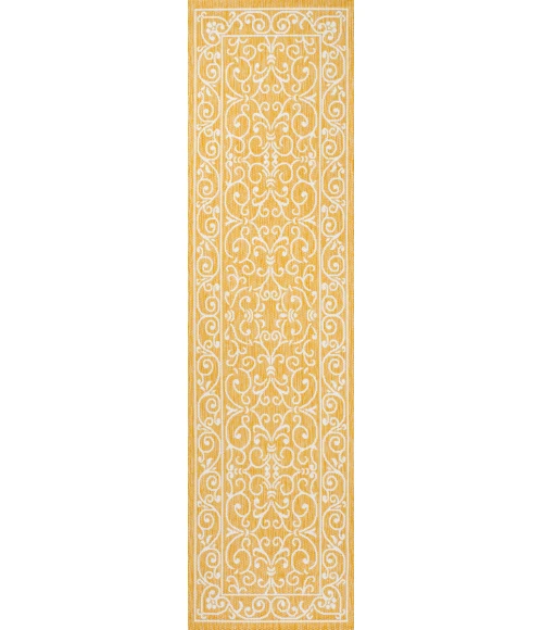 Charleston Vintage Filigree Textured Weave Yellow/Cream 2 ft. x 10 ft. Indoor/Outdoor Runner Rug