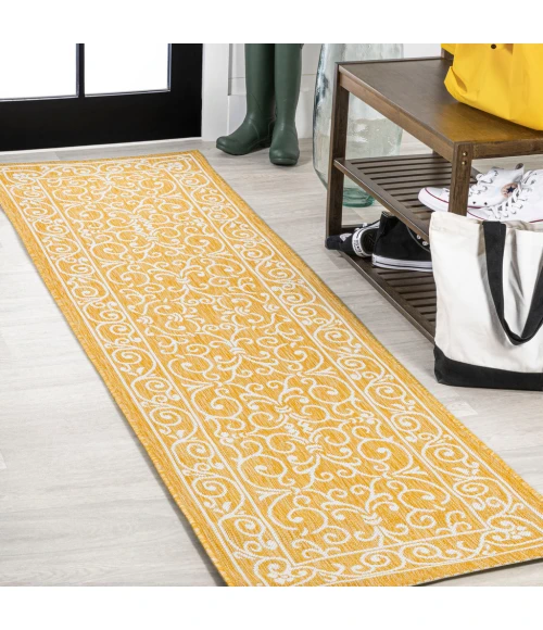 Charleston Vintage Filigree Textured Weave Yellow/Cream 2 ft. x 10 ft. Indoor/Outdoor Runner Rug