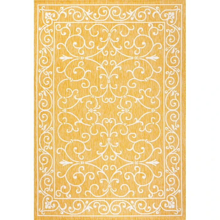 Charleston Vintage Filigree Textured Weave Yellow/Cream 8 ft. x 10 ft. Indoor/Outdoor Area Rug