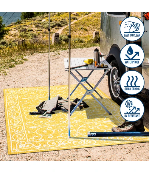 Charleston Vintage Filigree Textured Weave Yellow/Cream 5' Round Indoor/Outdoor Area Rug