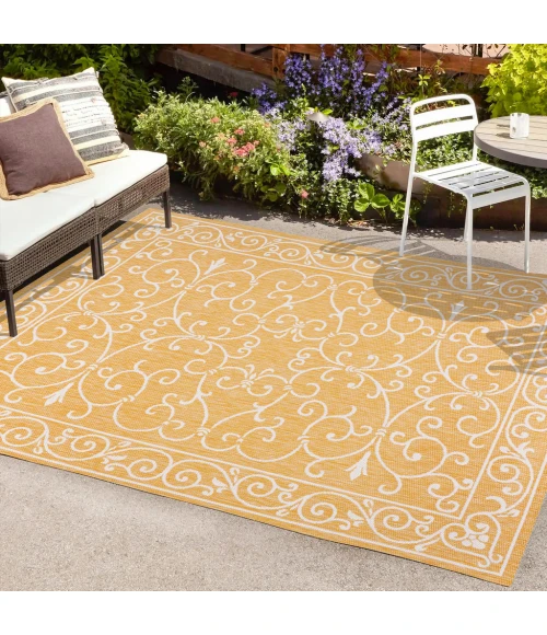 Charleston Vintage Filigree Textured Weave Yellow/Cream 5 ft. x 8 ft. Indoor/Outdoor Area Rug