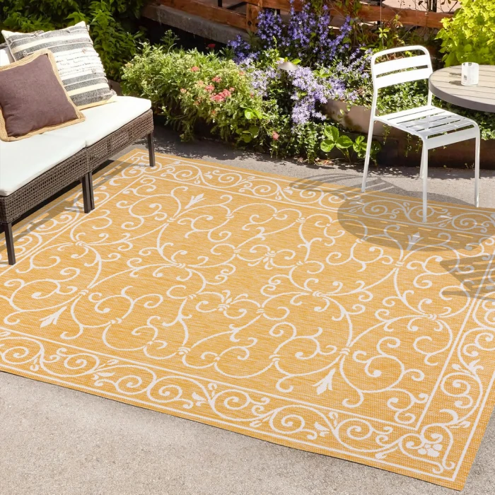 Charleston Vintage Filigree Textured Weave Yellow/Cream 8 ft. x 10 ft. Indoor/Outdoor Area Rug