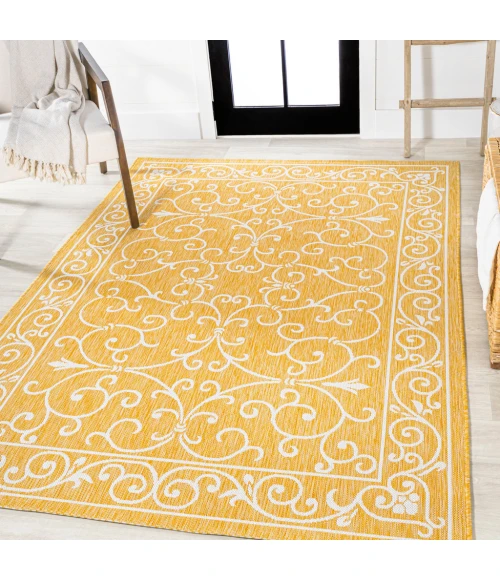 Charleston Vintage Filigree Textured Weave Yellow/Cream 5 ft. x 8 ft. Indoor/Outdoor Area Rug
