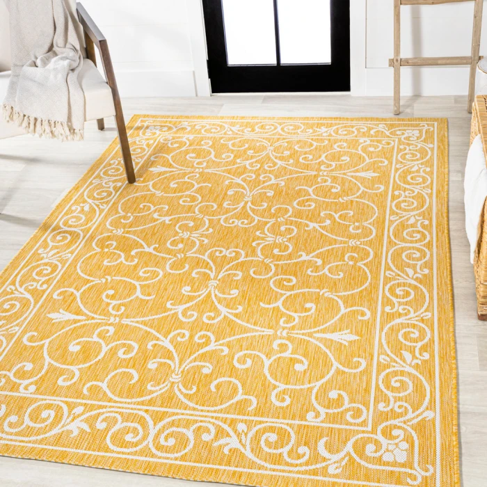 Charleston Vintage Filigree Textured Weave Yellow/Cream 8 ft. x 10 ft. Indoor/Outdoor Area Rug