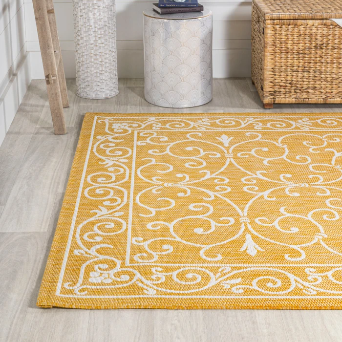 Charleston Vintage Filigree Textured Weave Yellow/Cream 8 ft. x 10 ft. Indoor/Outdoor Area Rug