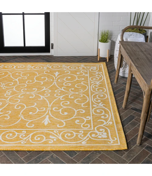 Charleston Vintage Filigree Textured Weave Yellow/Cream 5 ft. x 8 ft. Indoor/Outdoor Area Rug