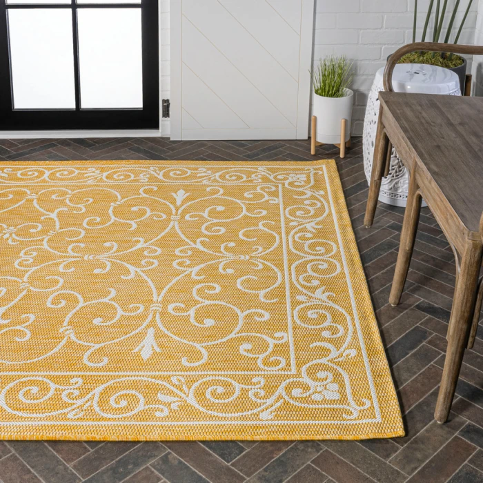 Charleston Vintage Filigree Textured Weave Yellow/Cream 8 ft. x 10 ft. Indoor/Outdoor Area Rug