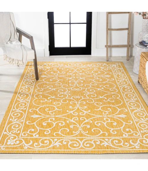 Charleston Vintage Filigree Textured Weave Yellow/Cream 5 ft. x 8 ft. Indoor/Outdoor Area Rug