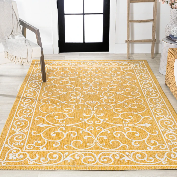 Charleston Vintage Filigree Textured Weave Yellow/Cream 8 ft. x 10 ft. Indoor/Outdoor Area Rug