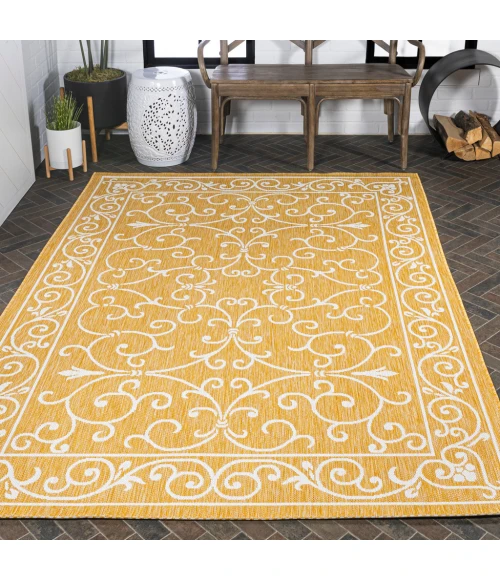 Charleston Vintage Filigree Textured Weave Yellow/Cream 5 ft. x 8 ft. Indoor/Outdoor Area Rug