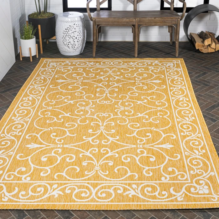 Charleston Vintage Filigree Textured Weave Yellow/Cream 8 ft. x 10 ft. Indoor/Outdoor Area Rug