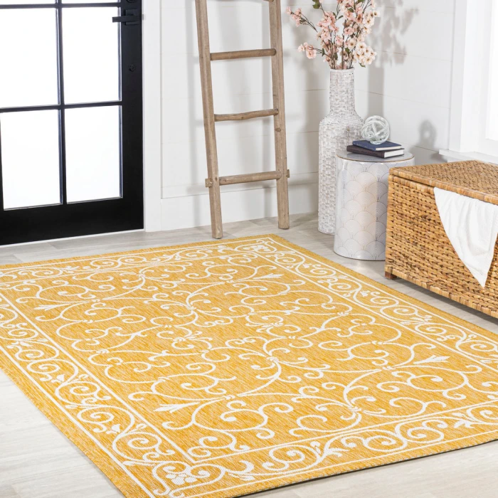 Charleston Vintage Filigree Textured Weave Yellow/Cream 8 ft. x 10 ft. Indoor/Outdoor Area Rug
