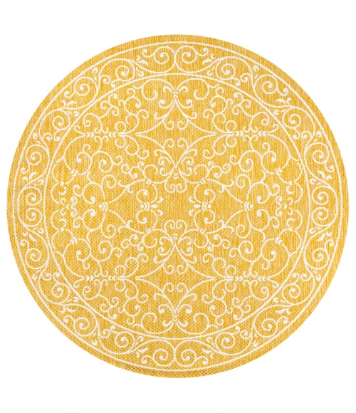 Charleston Vintage Filigree Textured Weave Yellow/Cream 5' Round Indoor/Outdoor Area Rug