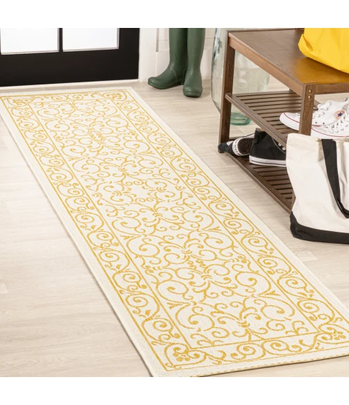 Charleston Vintage Filigree Textured Weave Cream/Yellow 2 ft. x 10 ft. Indoor/Outdoor Runner Rug