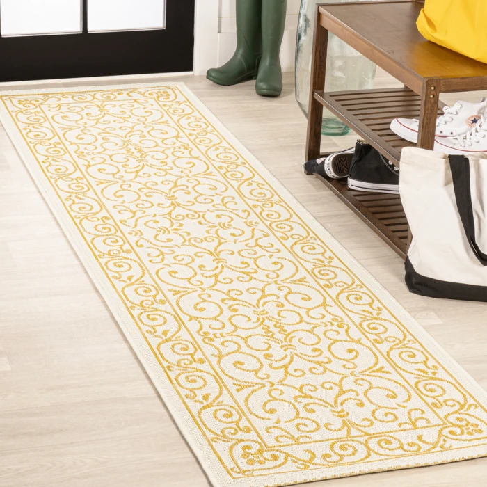 Charleston Vintage Filigree Textured Weave Cream/Yellow 2 ft. x 8 ft. Indoor/Outdoor Runner Rug
