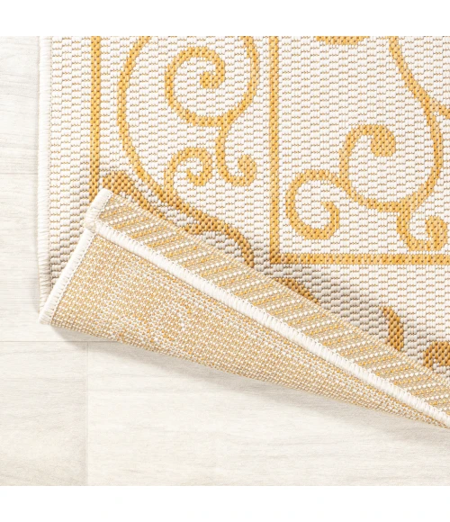 Charleston Vintage Filigree Textured Weave Cream/Yellow 5' Round Indoor/Outdoor Area Rug