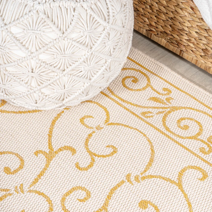 Charleston Vintage Filigree Textured Weave Cream/Yellow 2 ft. x 8 ft. Indoor/Outdoor Runner Rug