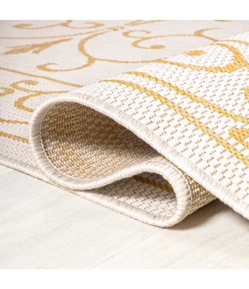 Charleston Vintage Filigree Textured Weave Cream/Yellow 5' Round Indoor/Outdoor Area Rug